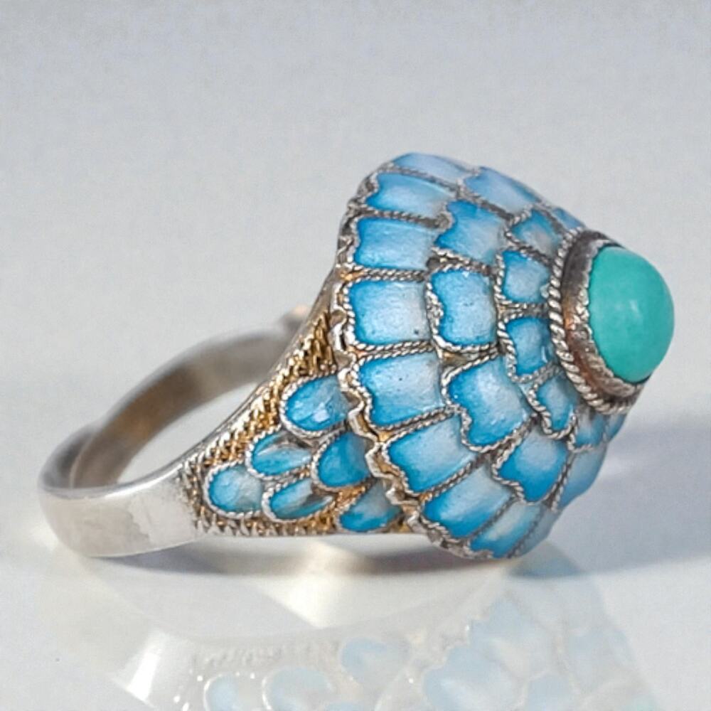 Chinese Export Sterling Silver Cloisonne Ring Turquoise Vermeil Adjustable